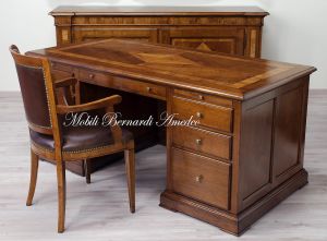 Important study-office desk made of solid walnut wood with inlaid parts in olive wood